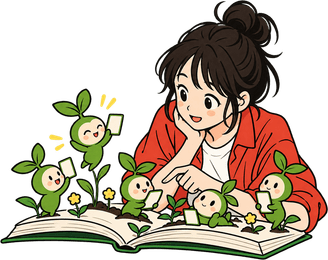 A girl reading at a desk while small green sprout characters grow out of the open book, each holding up a word card.