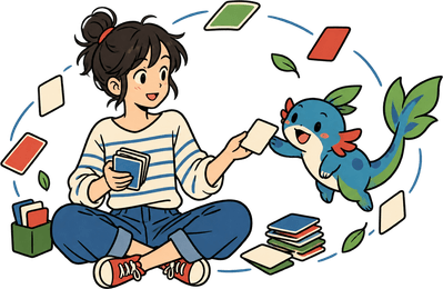 A girl sitting cross-legged holds up a word card to a blue axolotl, with cards arcing through the air around them.